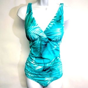Jantzen Teal Blue Color Surplice Ruched One Piece Swimsuit Size 10  NWT